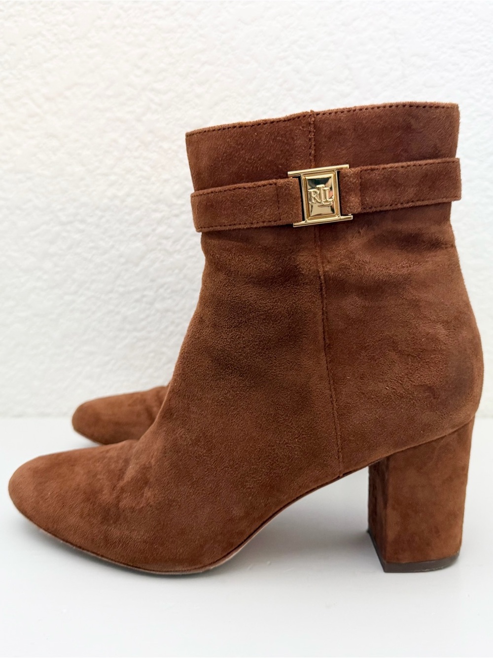 LAUREN RALPH LAUREN Kellie Boots Womens Size 6.5 Suede Tan Heeled Bootie LRL